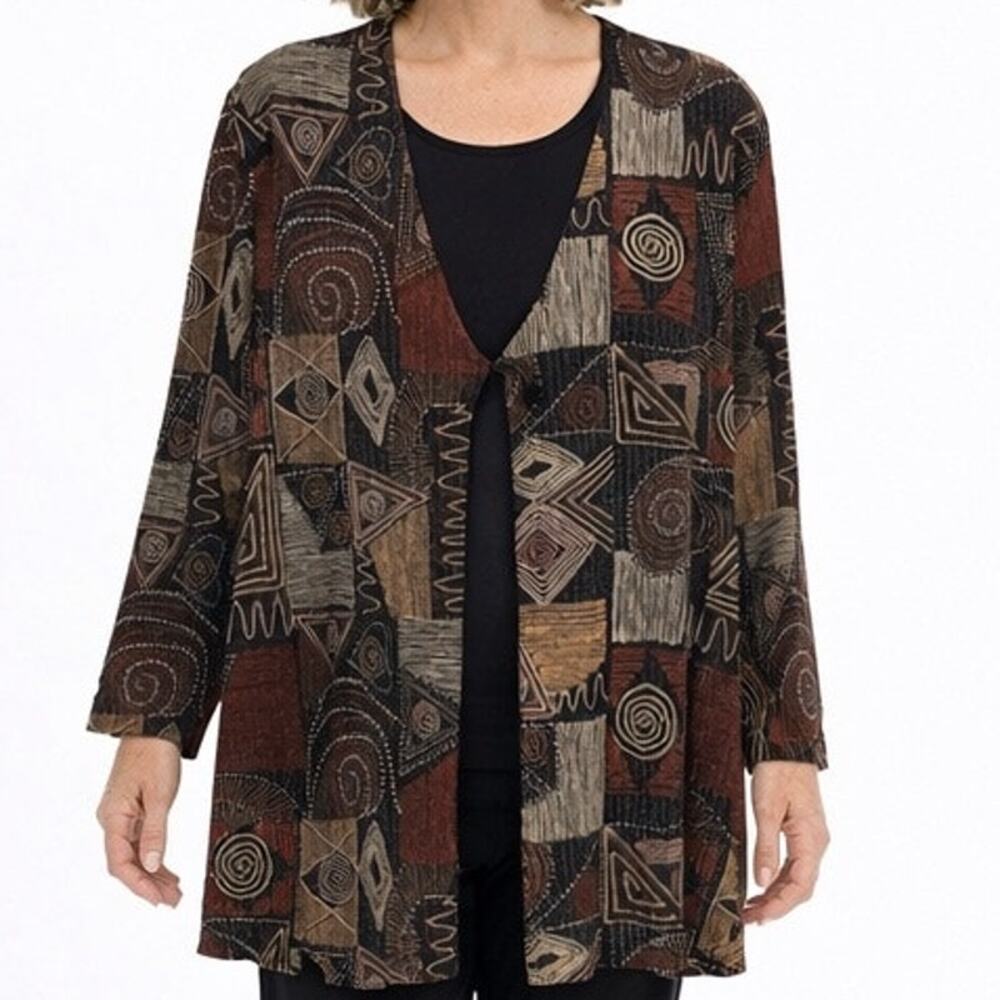 Baranda Woman Attached Top Cardigan size 2X Black Multicolor Art to Wear Boho